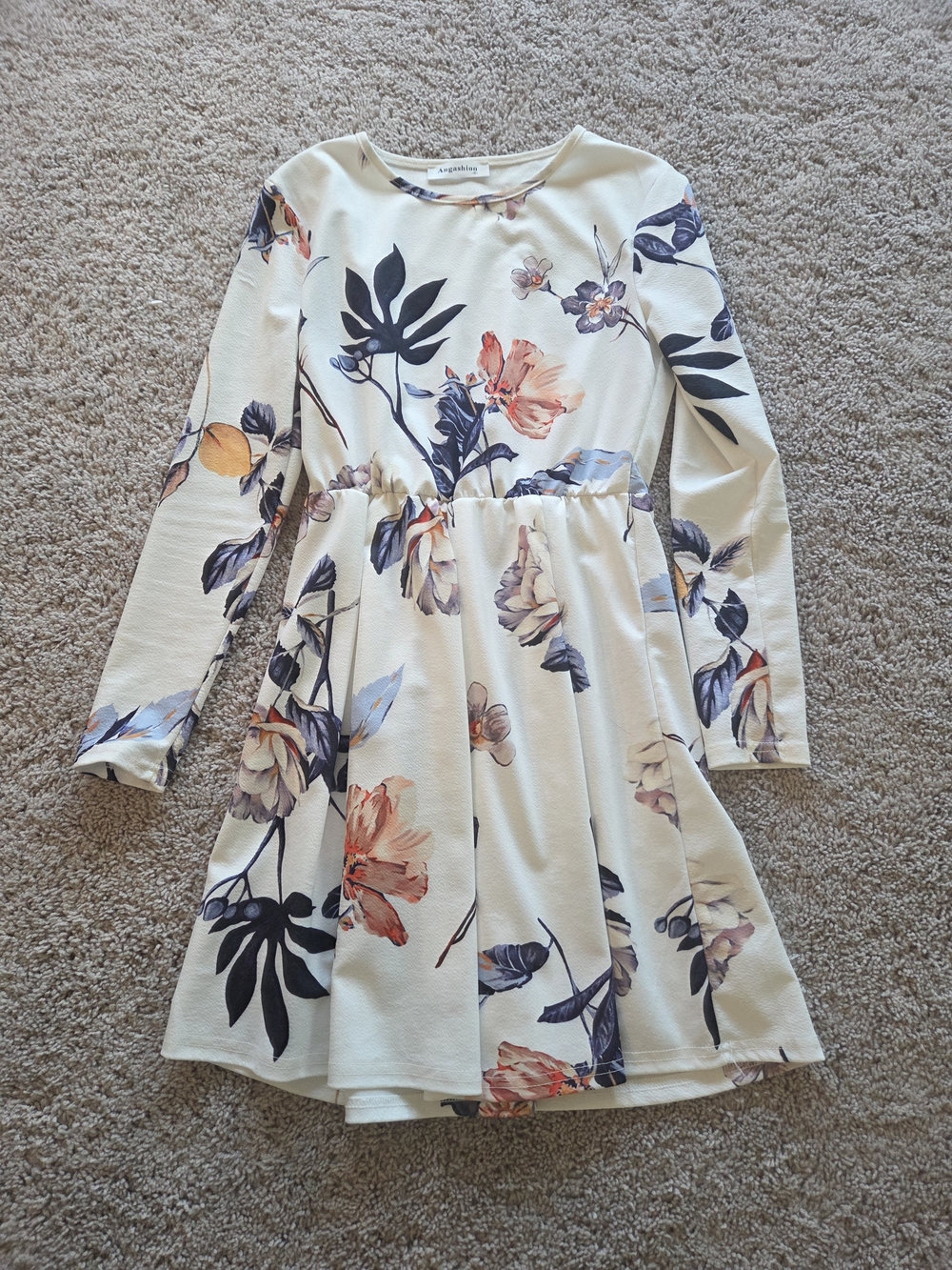 A. Byer Cream Long Sleeve Floral Fit-and-Flare Dress with Blue & Pink Blooms